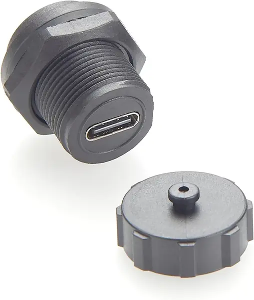 Reference photo: IP67 USB-C F/F panel-mount coupler + dust cap