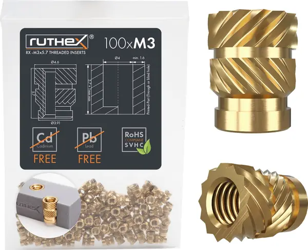 Reference photo: ruthex M3 x 5.7 heat-set inserts, 100 pcs