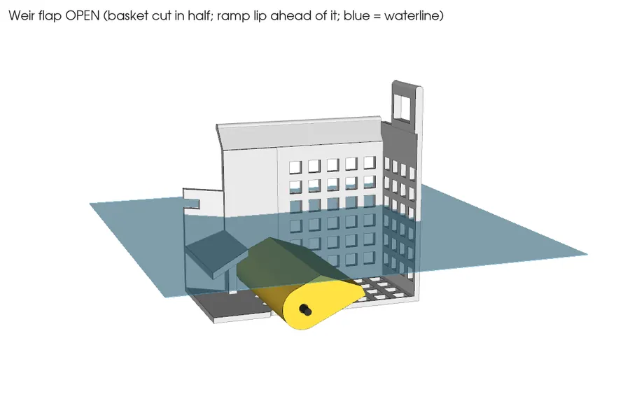CAD render: weir flap open